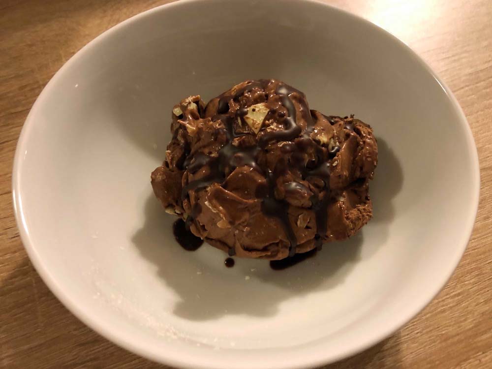 Food Chocolate Paleo Ice  Cream  With Cocao Butter Chunks, And Chocolate Shell Drizzle